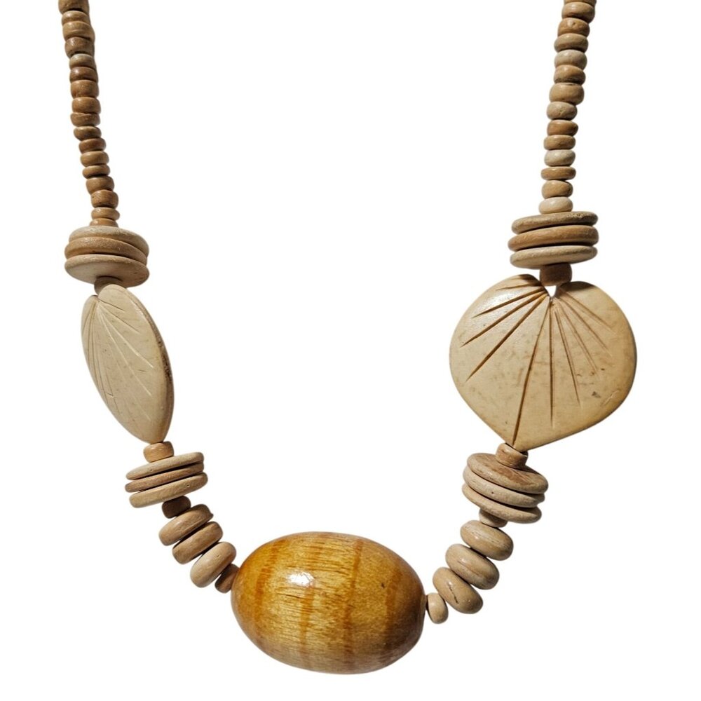 Boho Wooden Beaded Necklace Leaf Oval Shaped Carved Pendants Fashion Jewelry